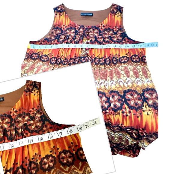Chris Mclaughlin Chiffon Shift Dress 12 Sleeveless Boho Geo Tribal Orange Brown - Picture 9 of 13